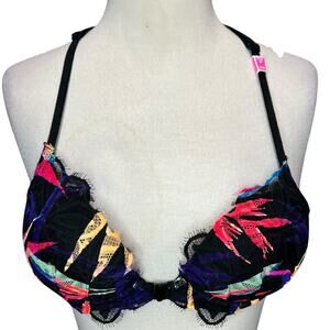 VS PINK Push Up Bra 34B Black Lace Tropical Halter Racerback Front Closure NEW